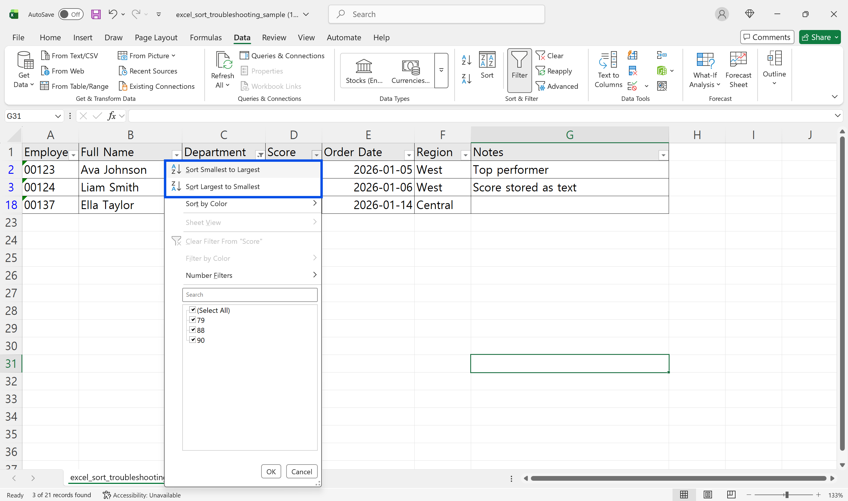 필터 상태에서 정렬하기