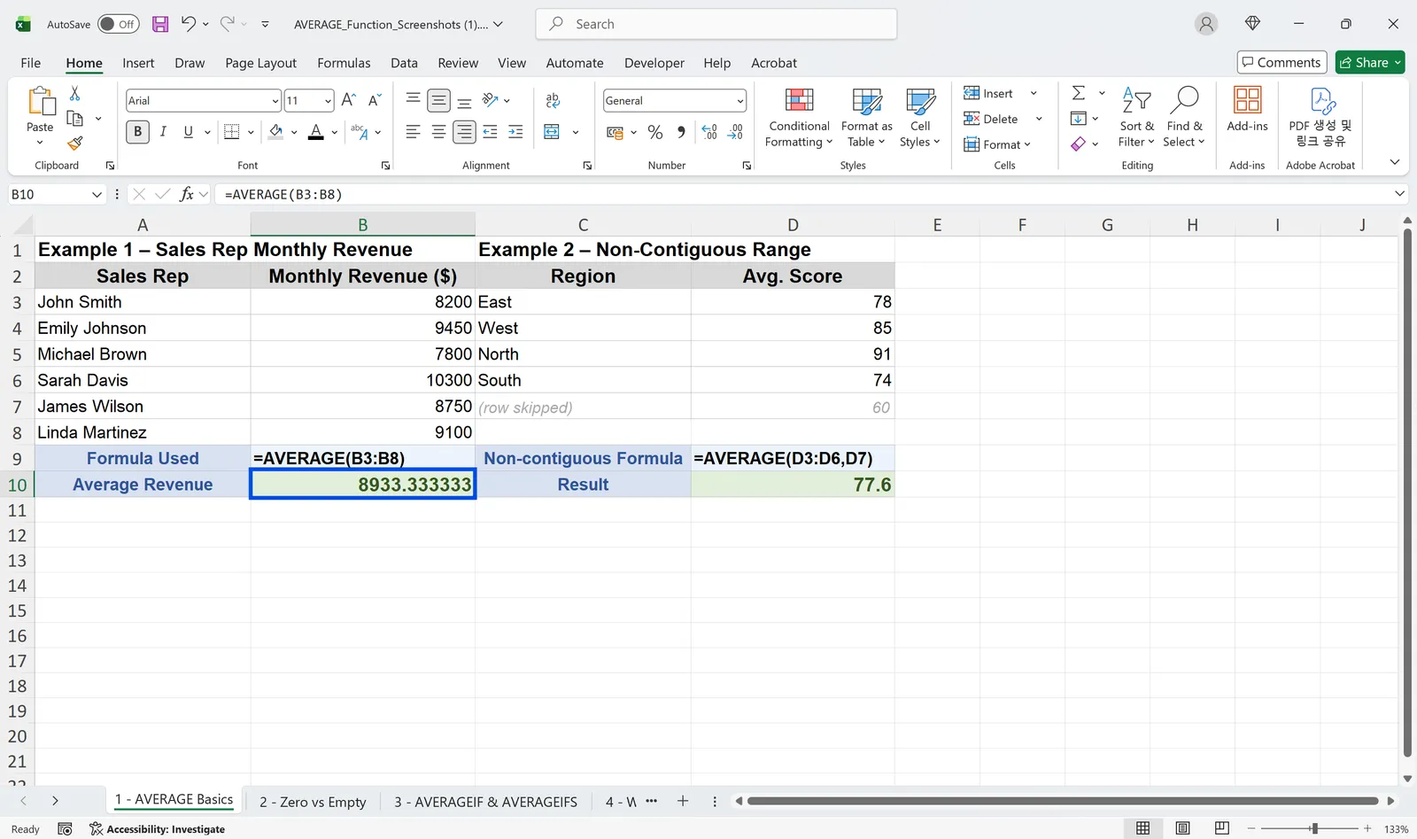 AVERAGE over a single range and across non-contiguous ranges in Excel