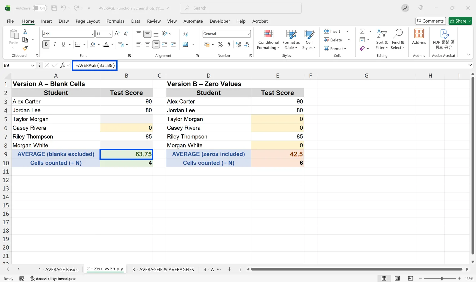 Excel AVERAGE skipping blank cells but counting zero values