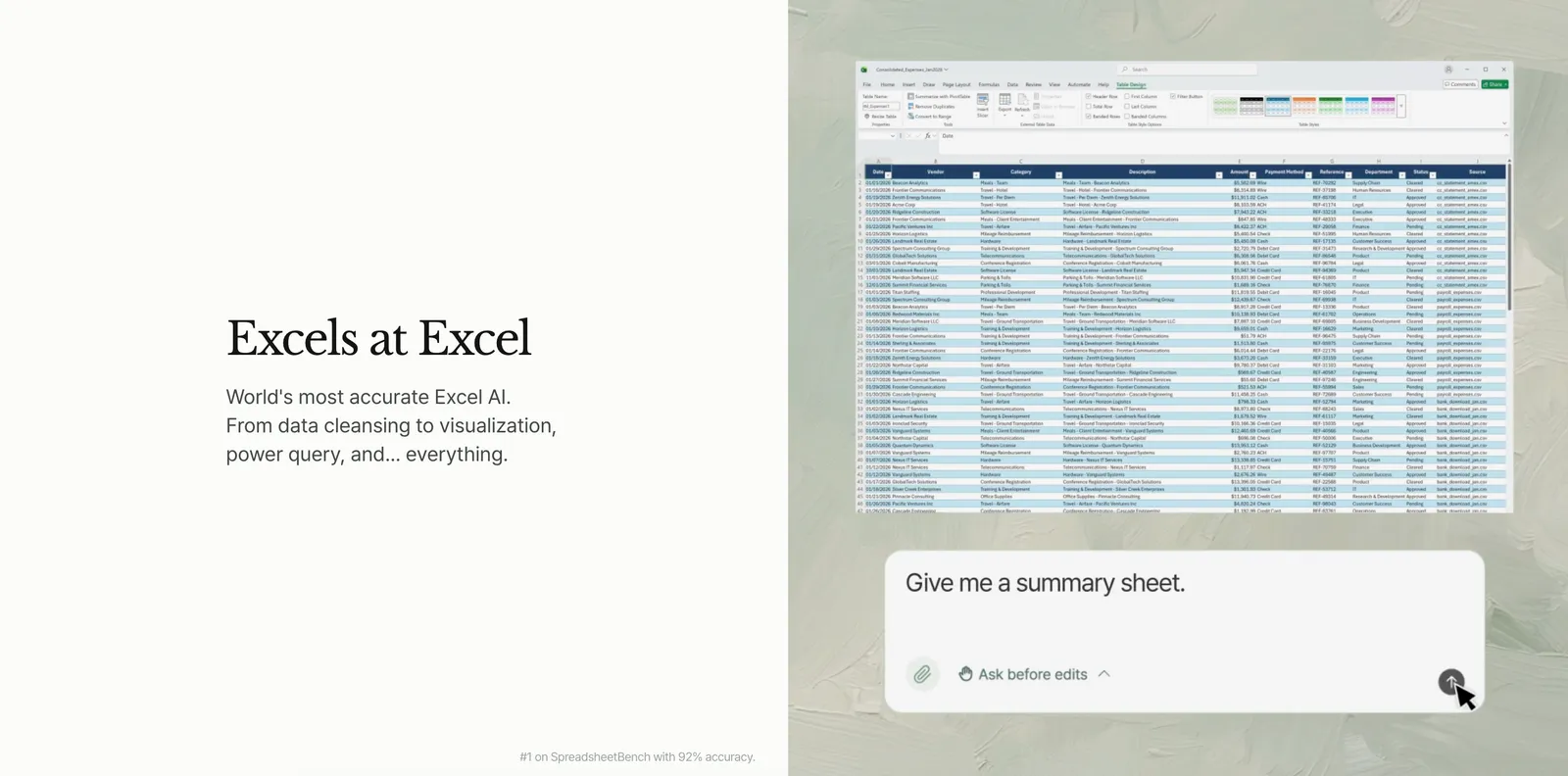 inline AI building an Excel summary from a plain-English prompt