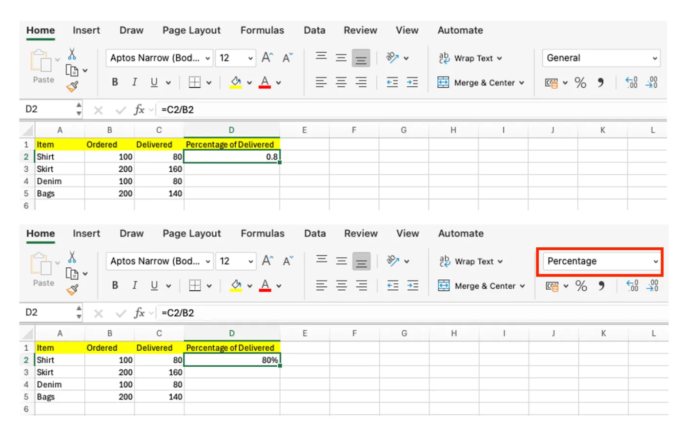 The same value shown as 0.8 in General format and 80% after applying the Percentage format in Excel