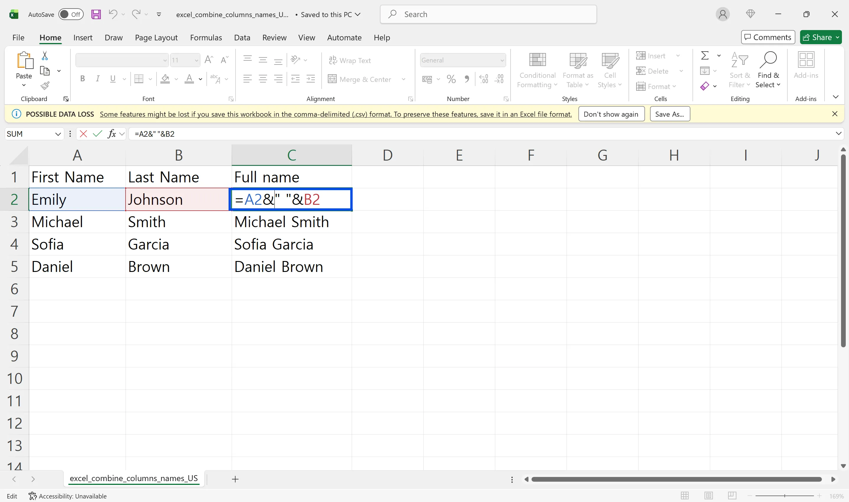 Ampersand formula combining First Name and Last Name into Full Name in Excel