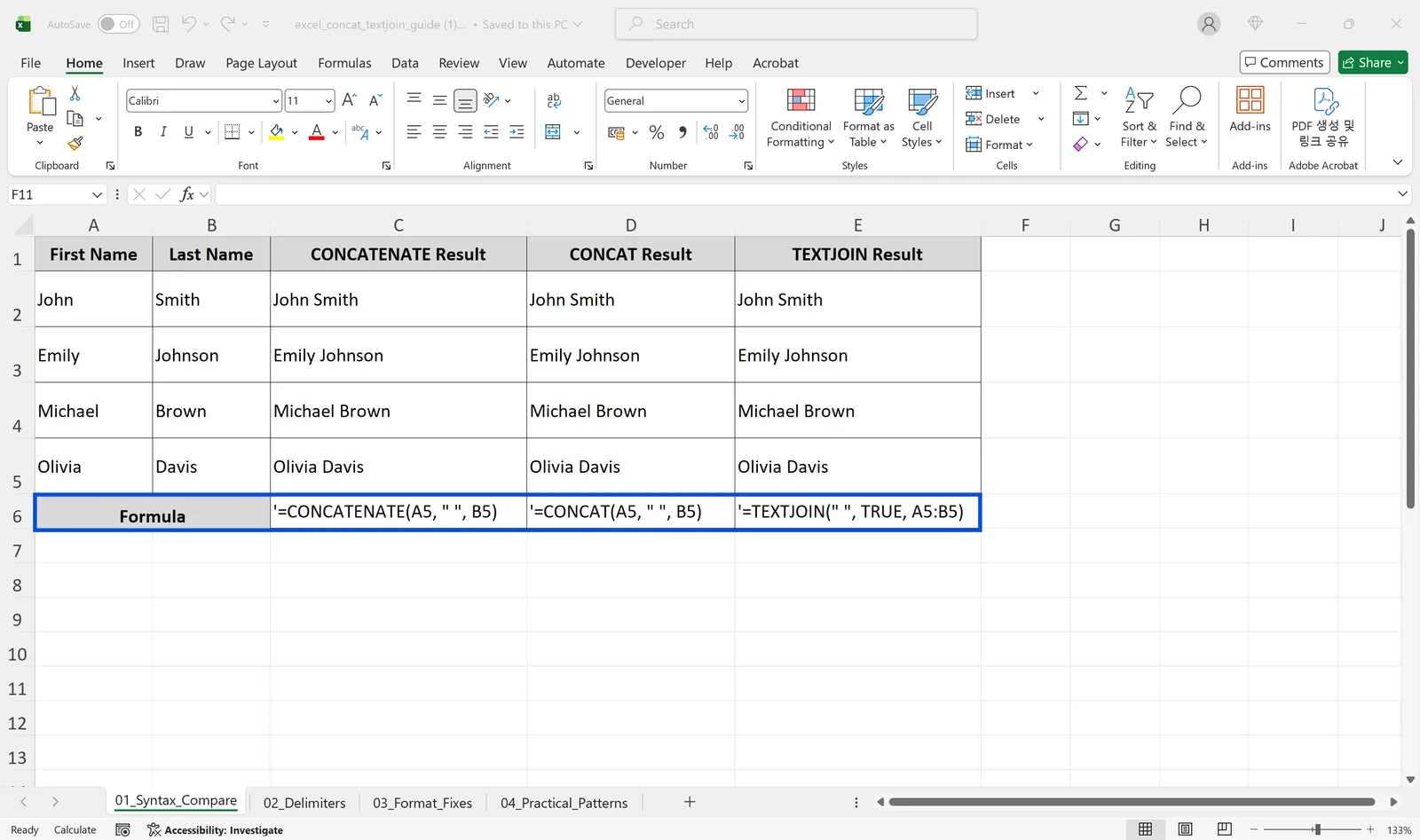 CONCATENATE, CONCAT, and TEXTJOIN producing the same full name in Excel