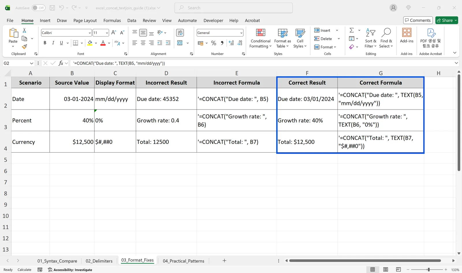 Using TEXT inside CONCAT to keep date, percentage, and currency formatting