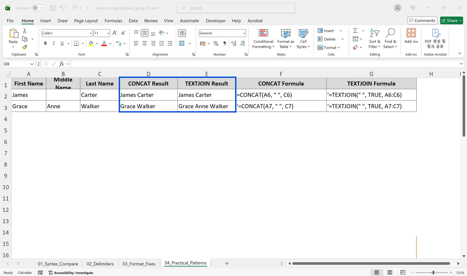 Joining first, middle, and last names with CONCAT and TEXTJOIN