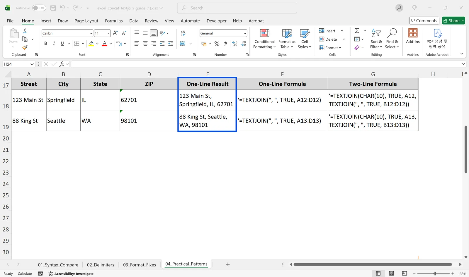 Combining street, city, state, and ZIP into one address with TEXTJOIN