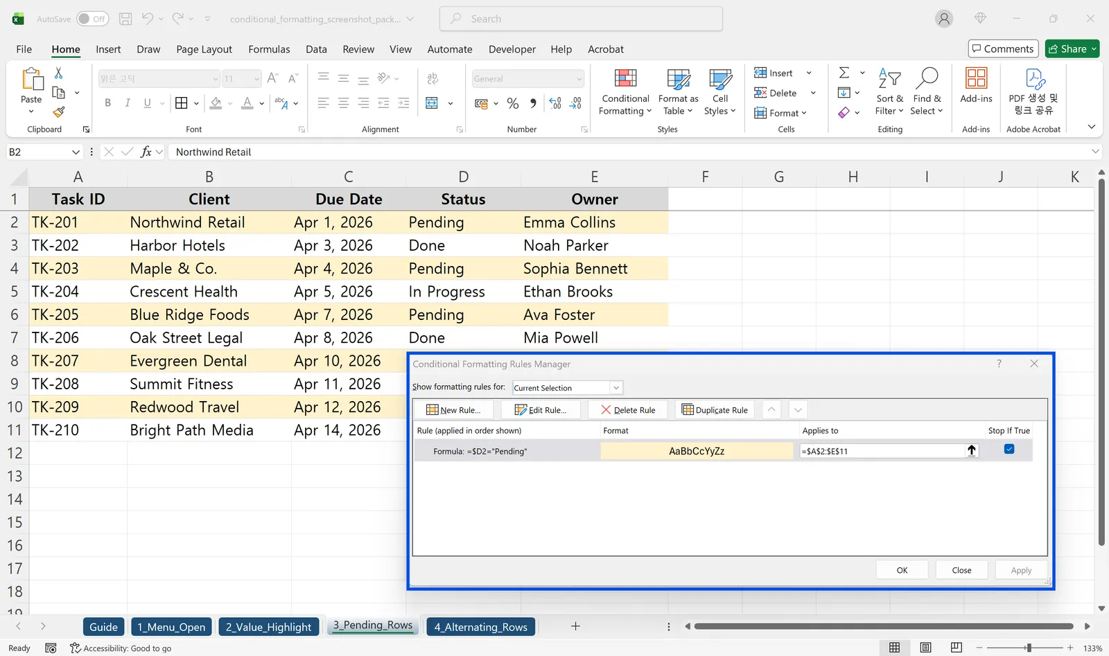Excel Conditional Formatting Rules Manager showing the formula =$D2="Pending" applied to highlight whole rows