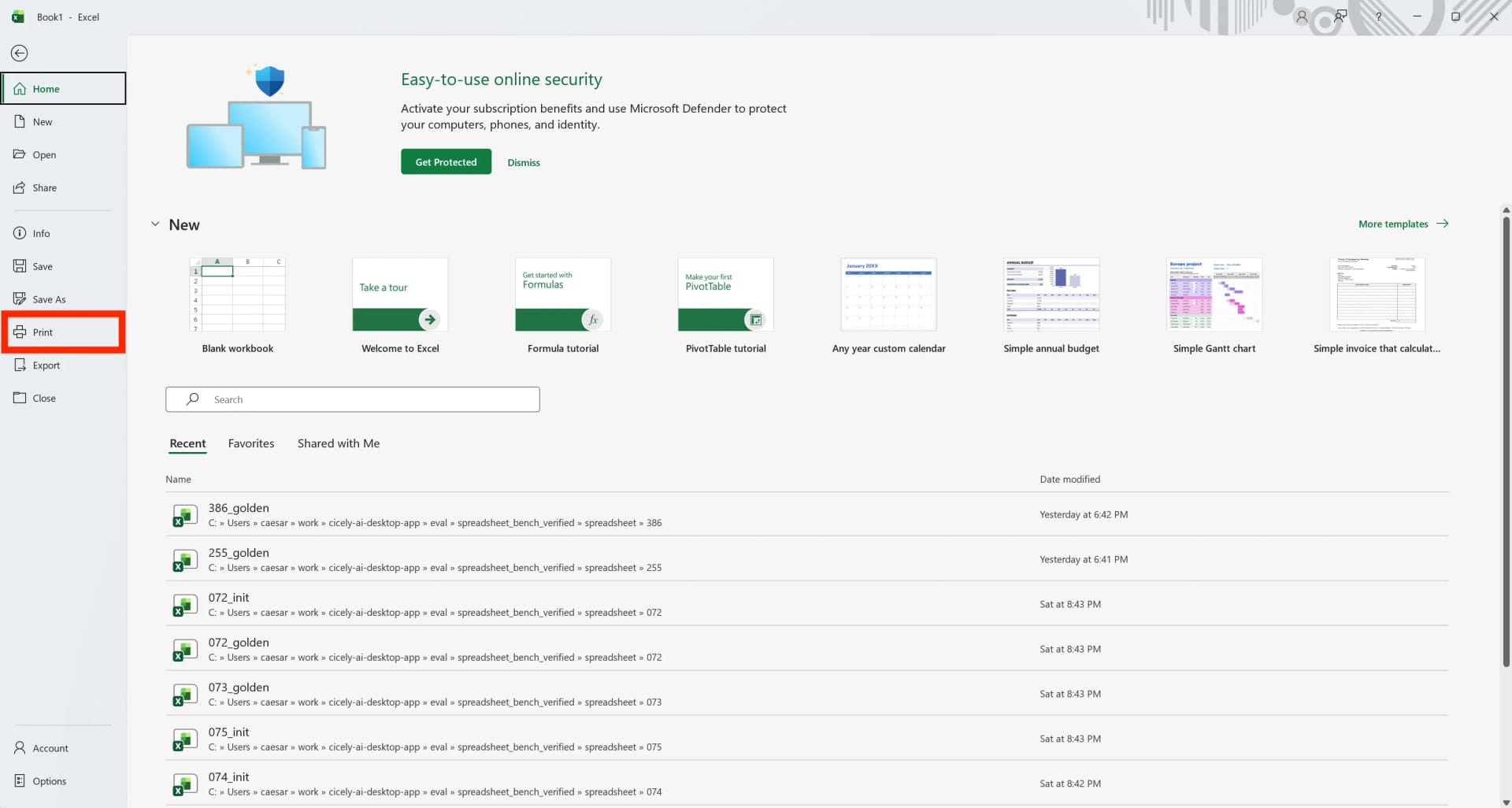 엑셀 파일 메뉴의 인쇄 화면