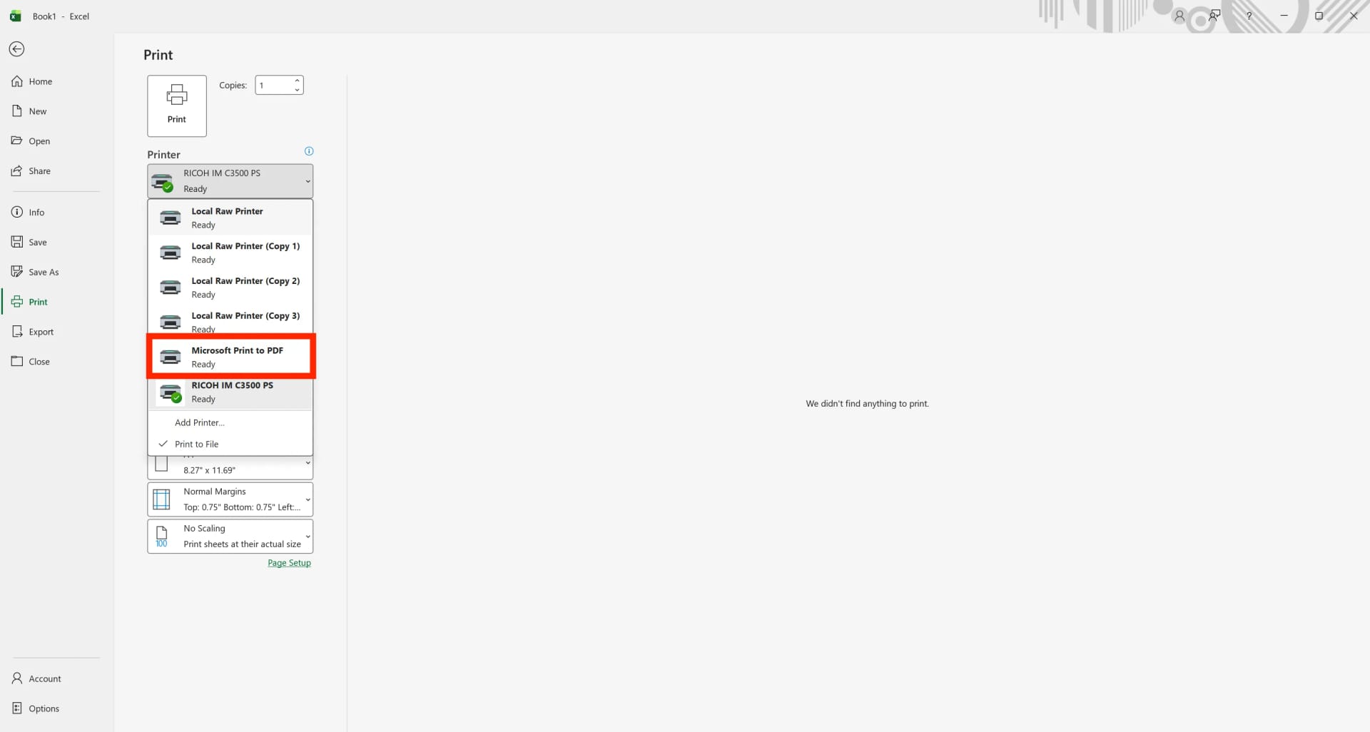Microsoft Print to PDF 선택 화면