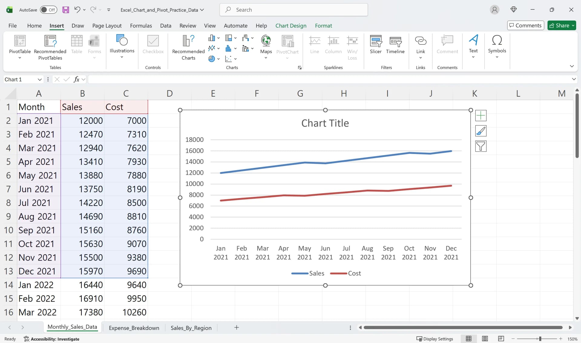 Excel worksheet with monthly Sales and Cost data and an embedded line chart