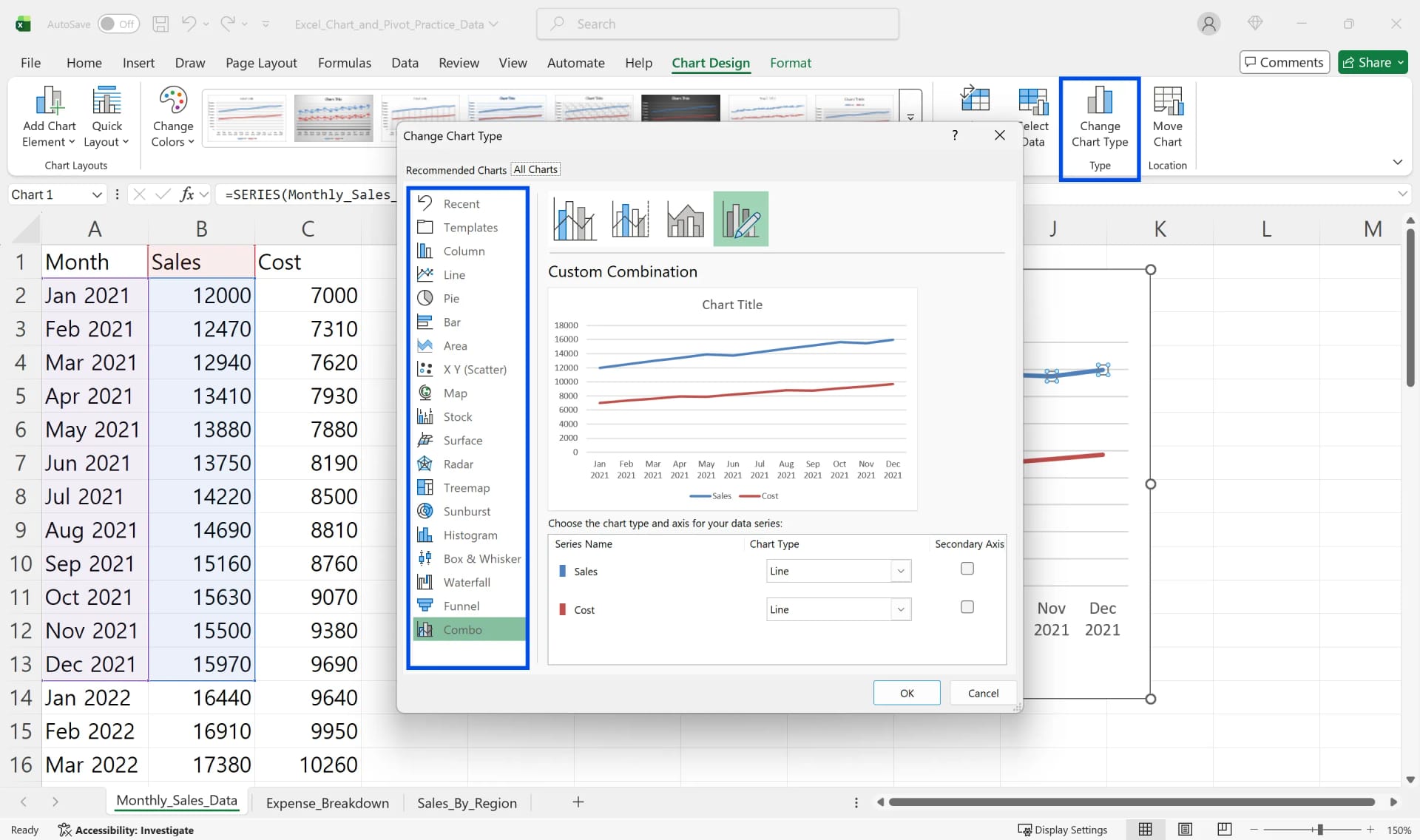 Change Chart Type dialog with Combo selected showing Sales and Cost as line series