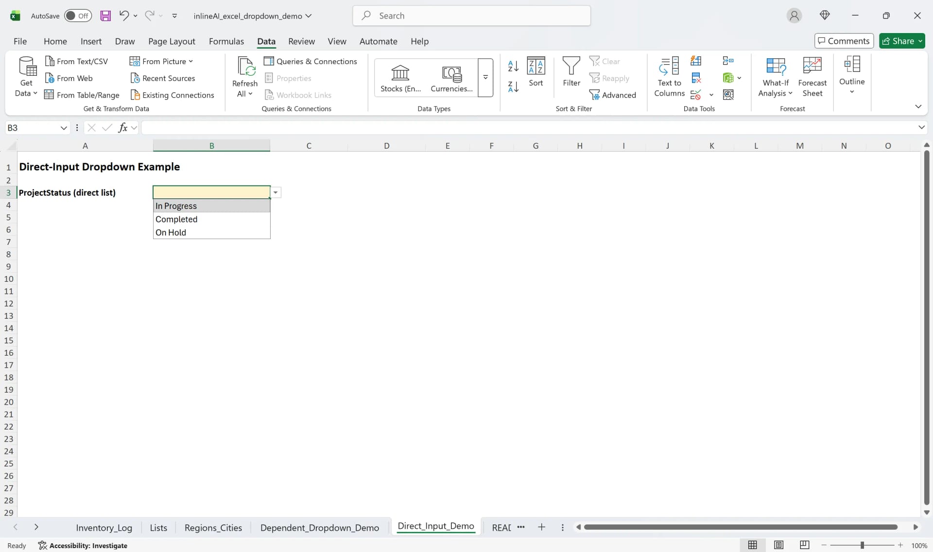 엑셀 드롭다운 목록 설정 예시