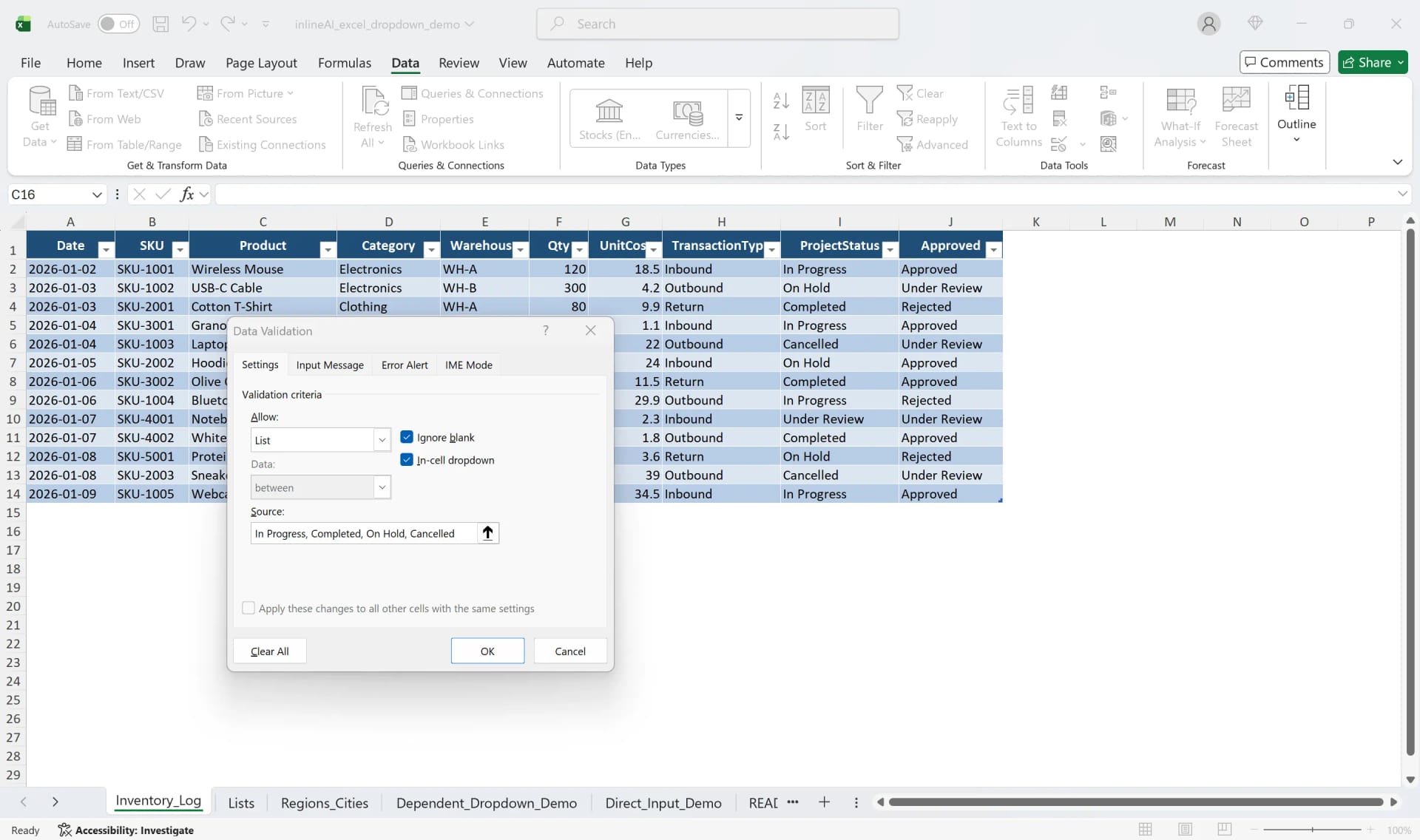 엑셀 드롭다운 직접 수정 화면