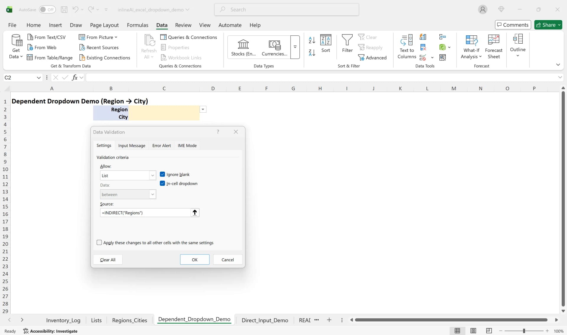 엑셀 드롭다운 INDIRECT 함수 설정 방법