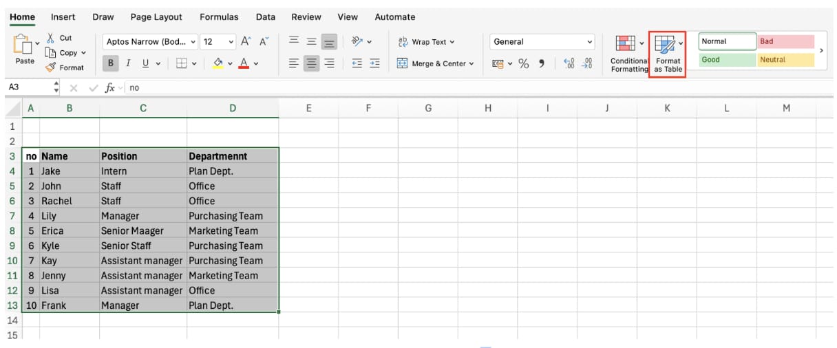 표 스타일 선택하기