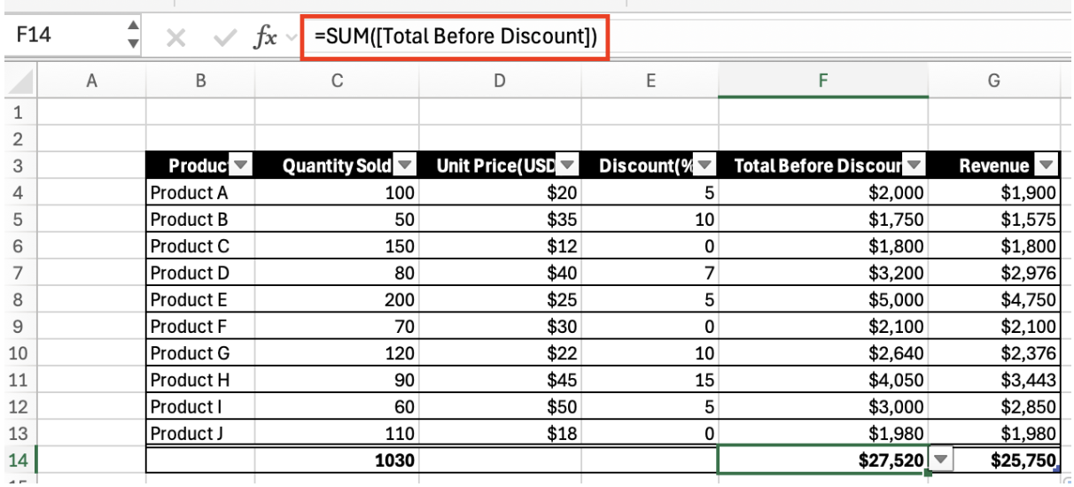 구조화된 참조 수식 예시