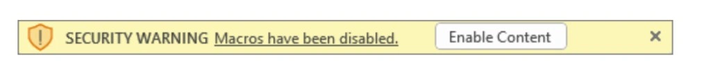 Excel security warning bar displaying Macros have been disabled with Enable Content button