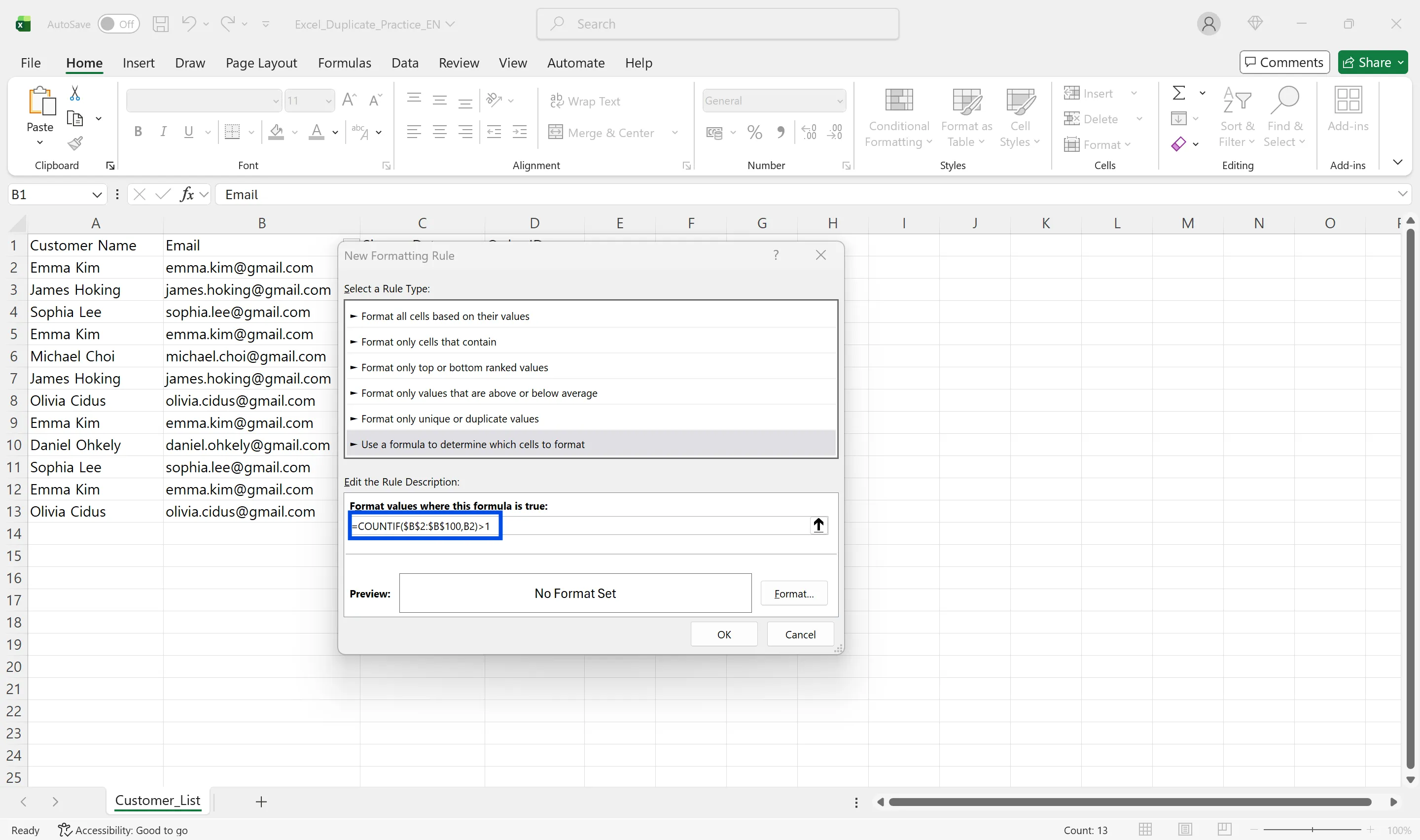 엑셀 COUNTIF 수식으로 중복값을 찾는 조건부 서식 화면