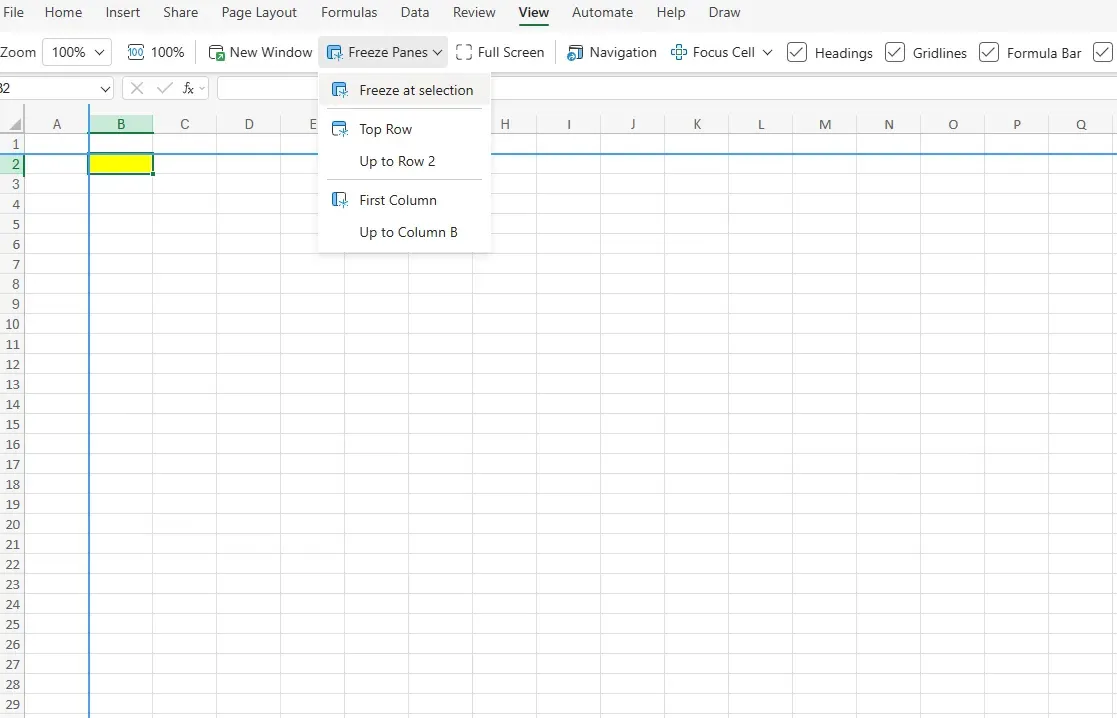 엑셀 틀고정 적용 확인 방법
