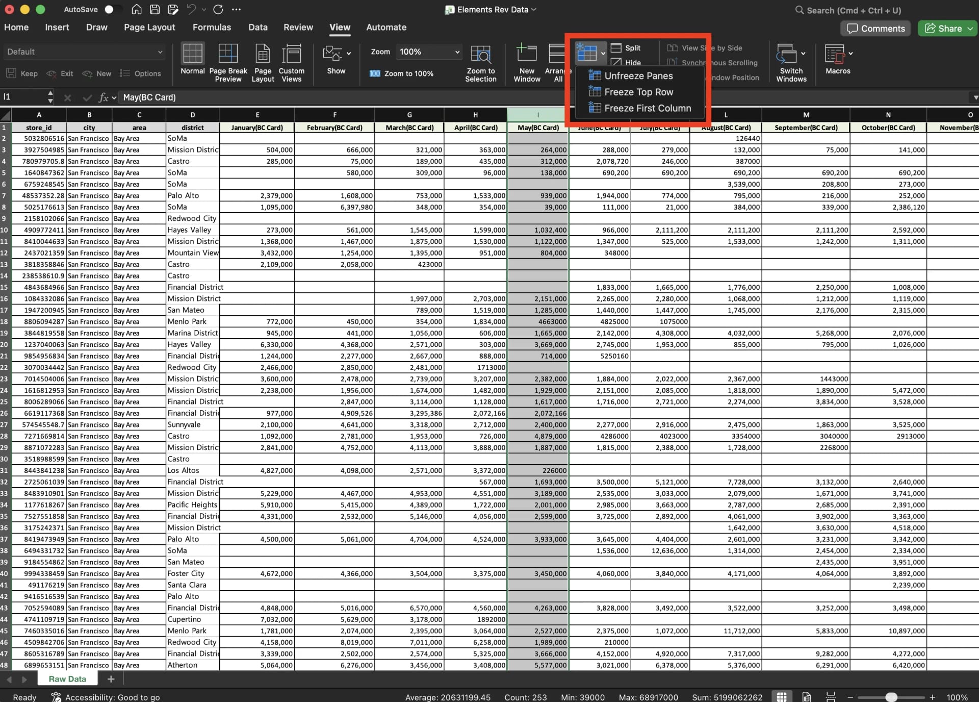 맥북 엑셀 행고정 설정 방법