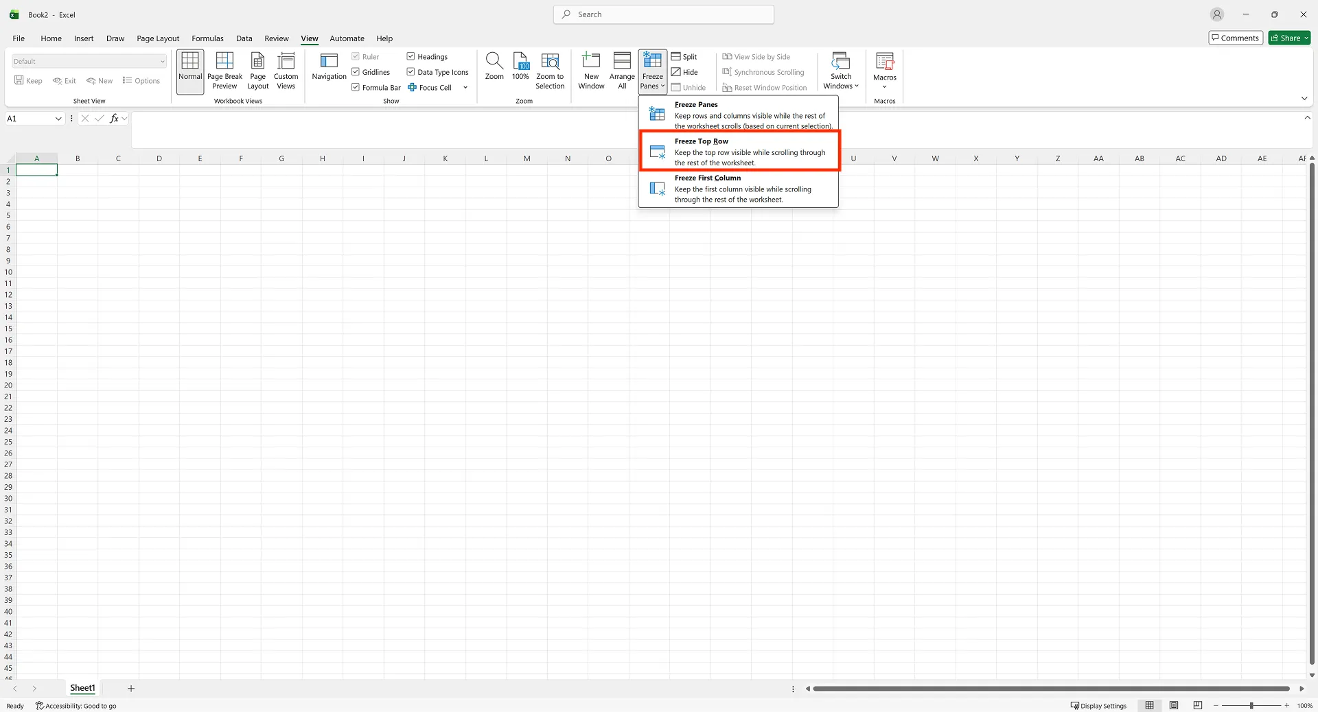 Excel View tab showing Freeze Panes menu with Freeze Top Row option highlighted