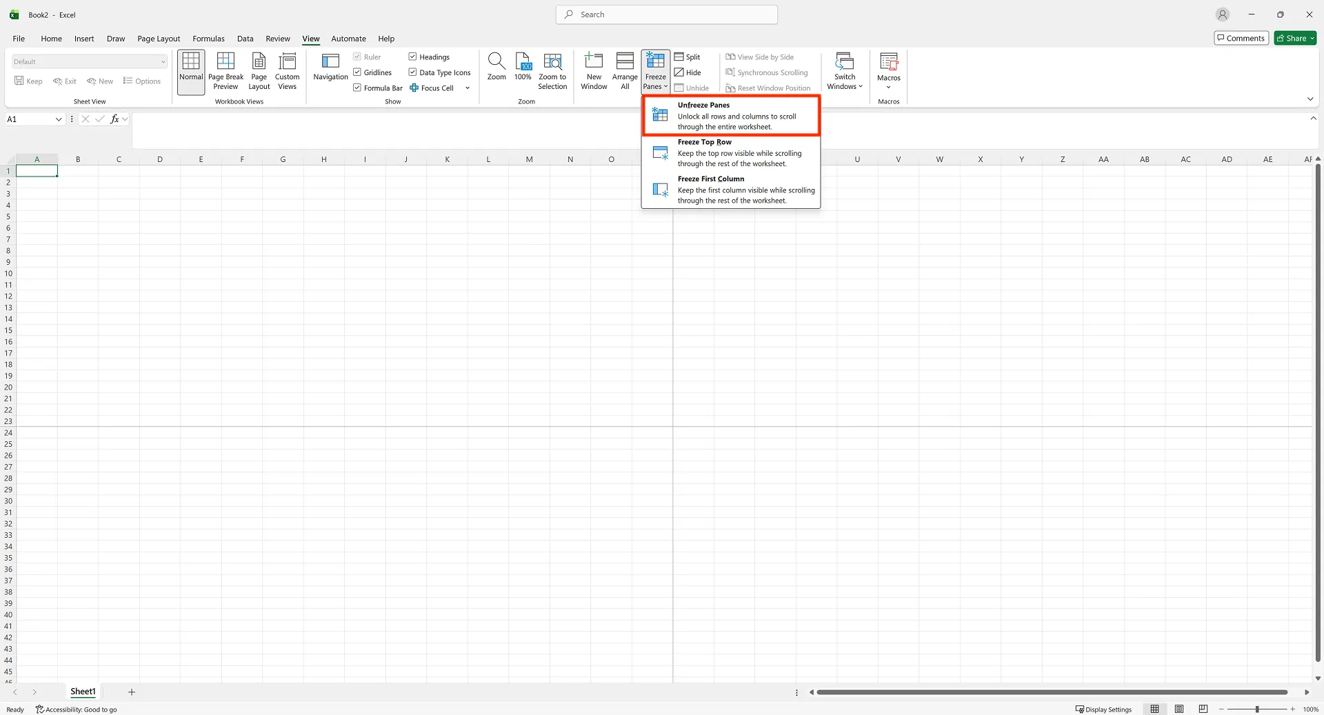 Excel Freeze Panes menu showing Unfreeze Panes option to remove frozen rows and columns
