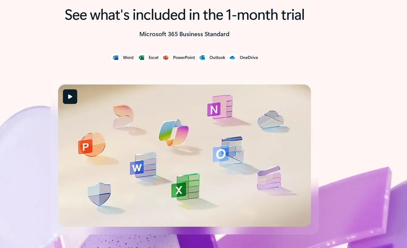 Microsoft 365 Business Standard one-month free trial page with app icons