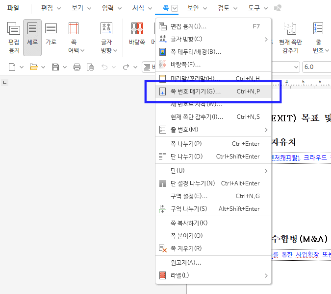 한글 쪽 번호 매기기