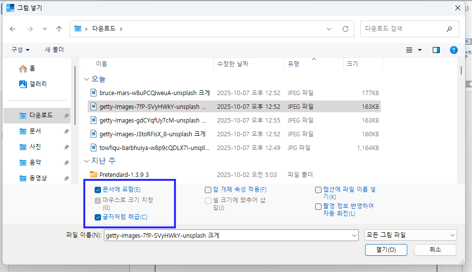 그림 삽입 문서에 포함 및 글자처럼 취급 옵션