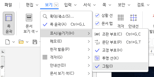 보기 메뉴 그림 보기 옵션 확인