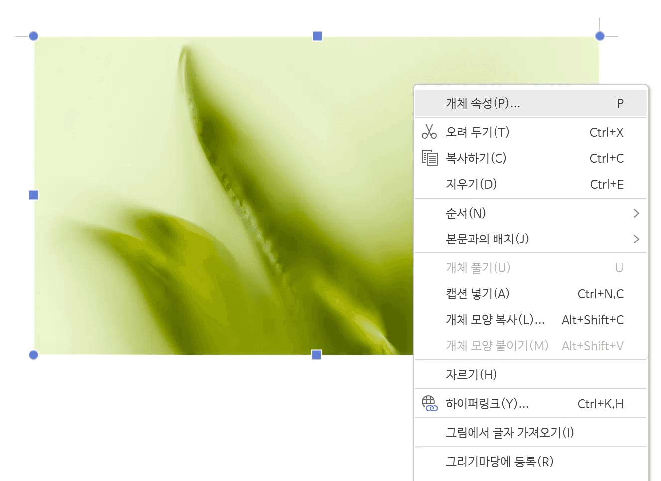 그림 우클릭 개체 속성 메뉴 선택 화면