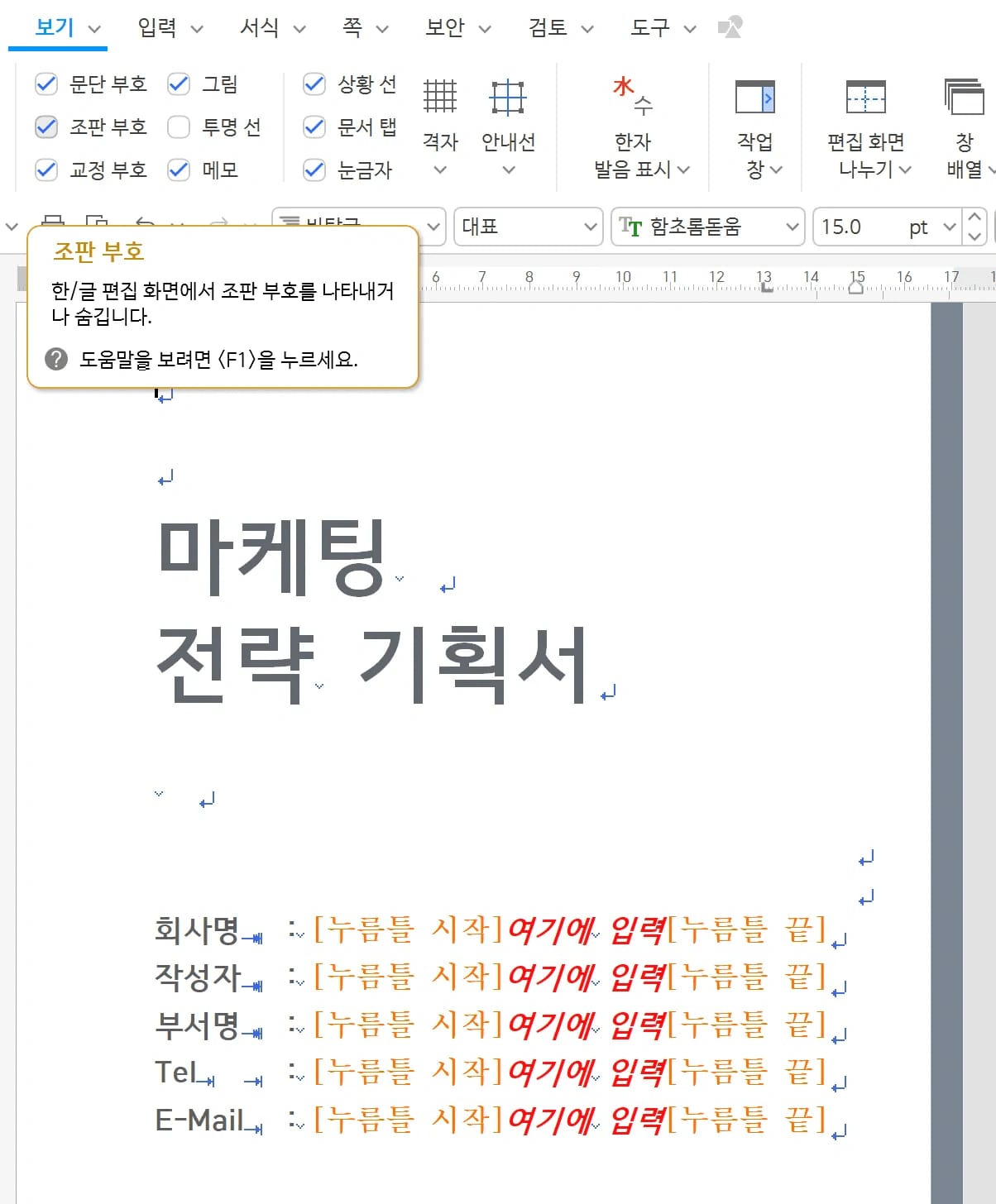 조판 부호 활성화 표시 예시 화면