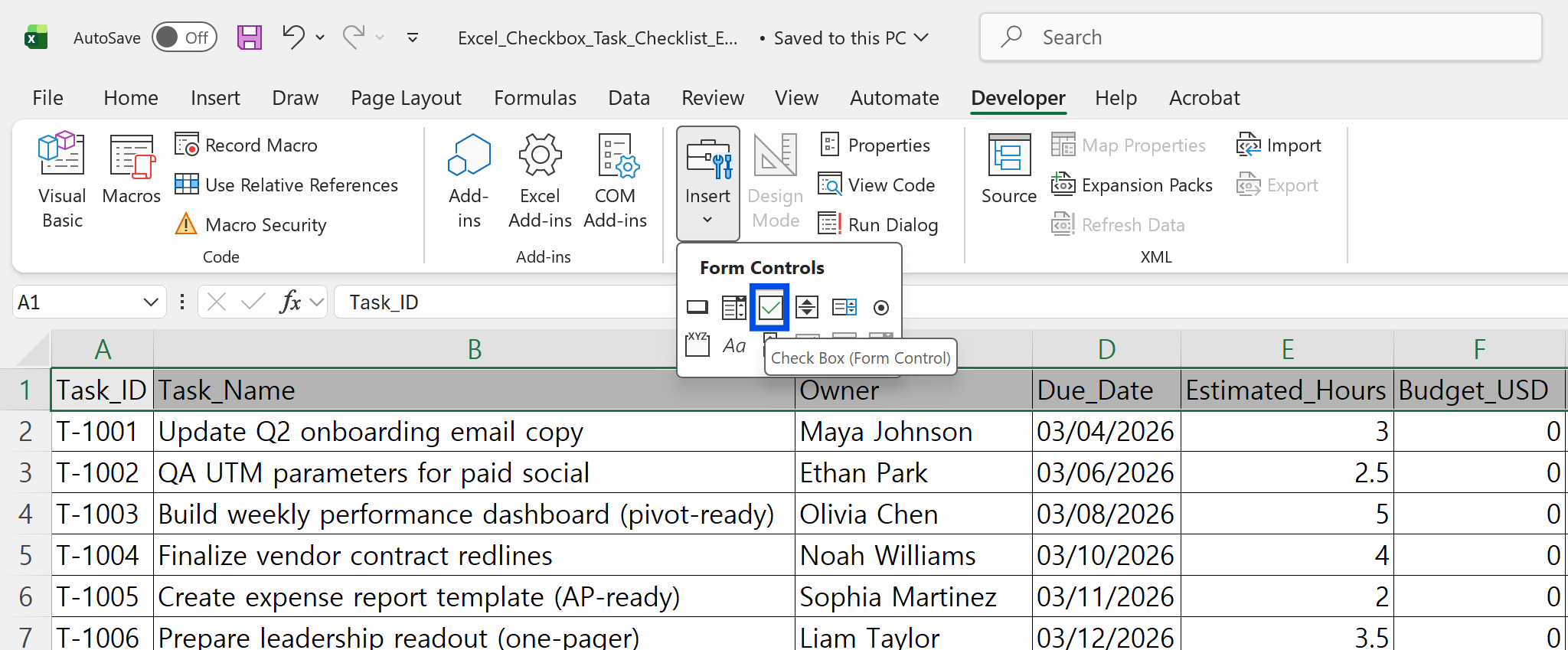 insert-checkbox-excel step illustration