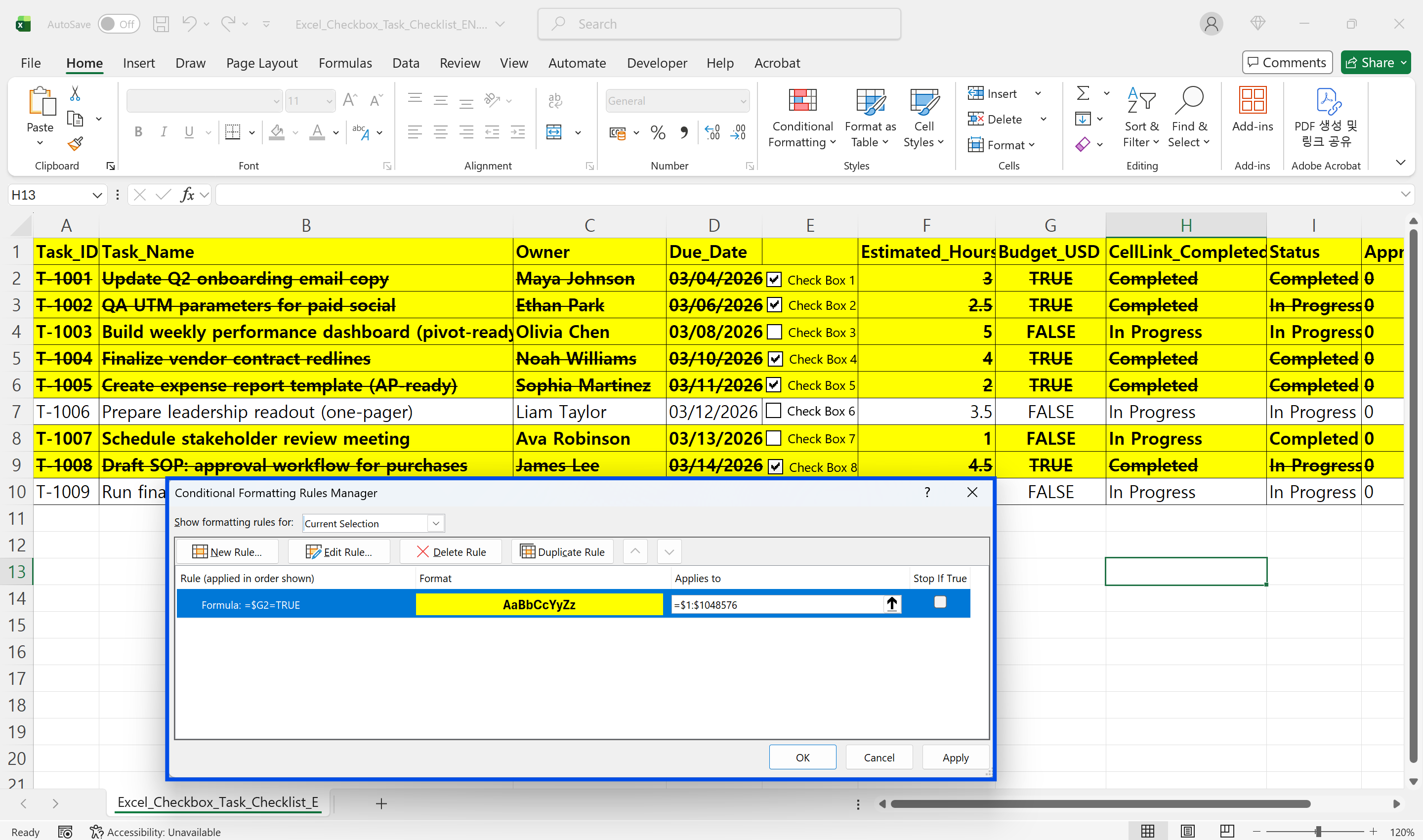체크박스 업무 체크리스트 예시