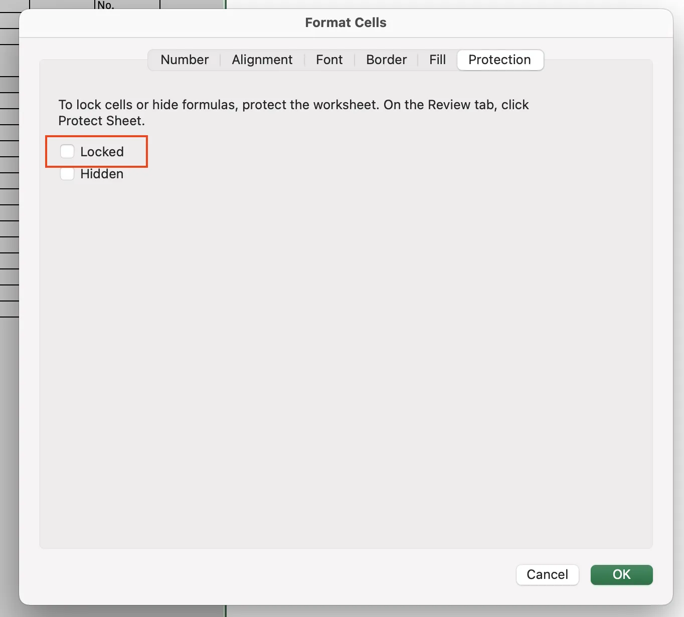 엑셀에서 전체 셀 잠금 해제 설정 화면