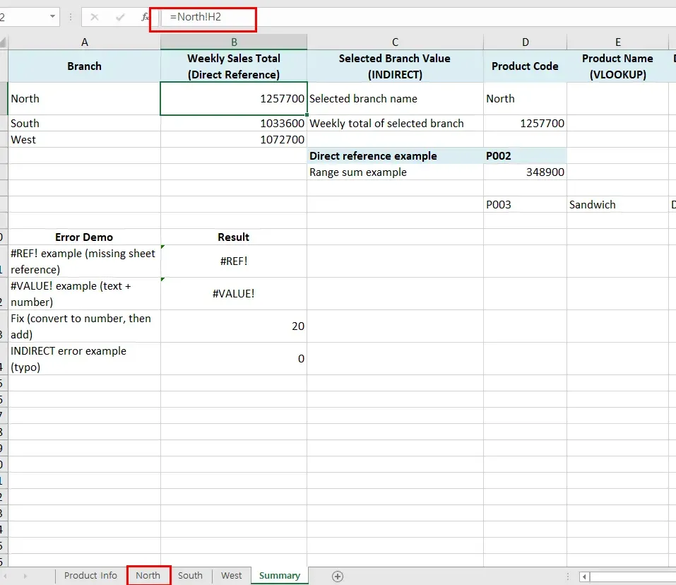 Excel formula bar showing a direct sheet reference like =North!H2 to pull data from another sheet