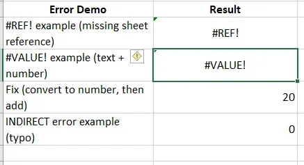 Excel error demo showing #VALUE! error from mixing text and numbers in a cross-sheet formula