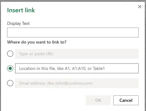 Excel Insert Link dialog for creating hyperlinks to navigate between sheets