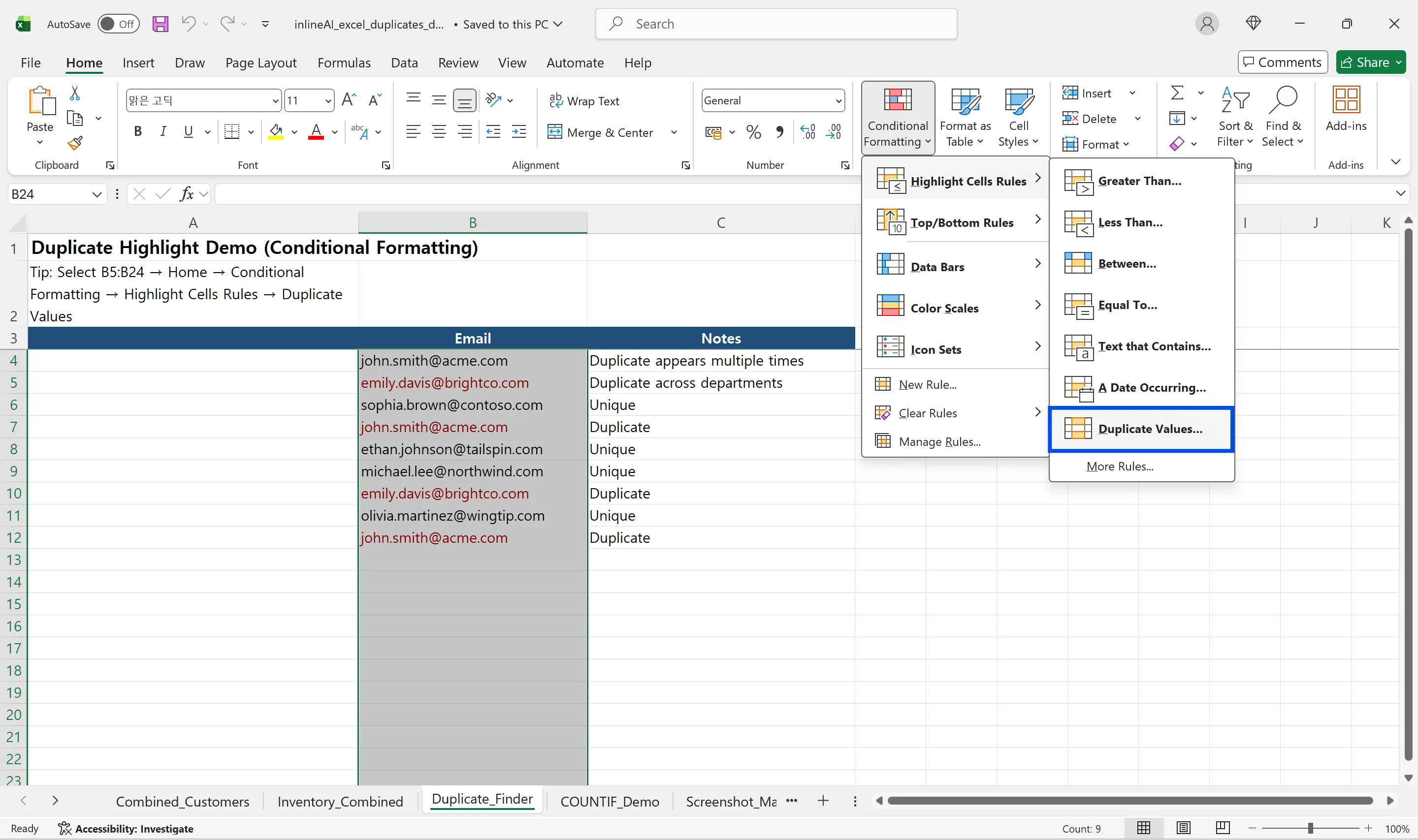 Conditional Formatting Highlight Cells Rules menu with Duplicate Values option in Excel
