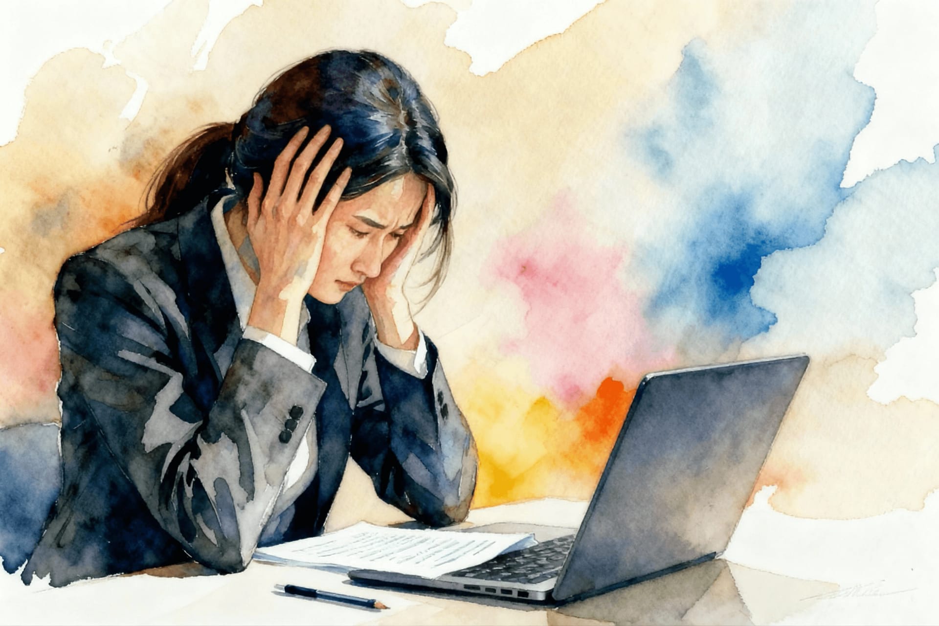 노트북 앞에서 머리를 감싸며 스트레스를 받는 듯한 여성, 보고서 작성에 어려움을 겪는 장면을 표현