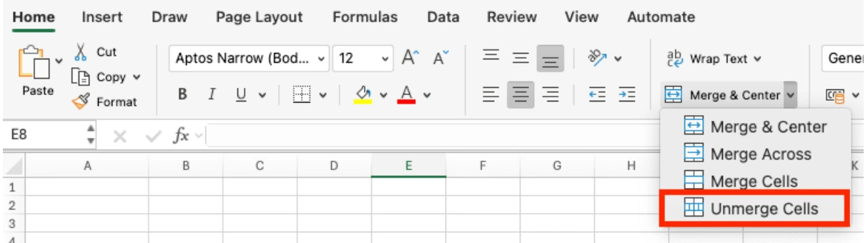 Excel menu showing how to unmerge merged cells
