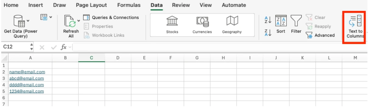 Excel Text to Columns flow applied to an email column