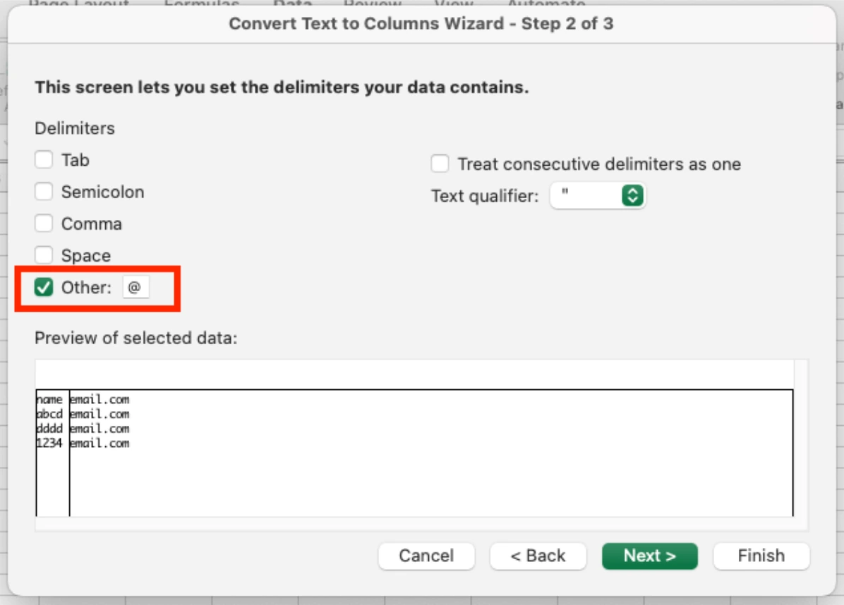 Text to Columns delimiter setting with @ entered