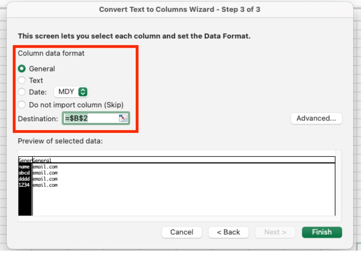 Text to Columns destination field selection screen