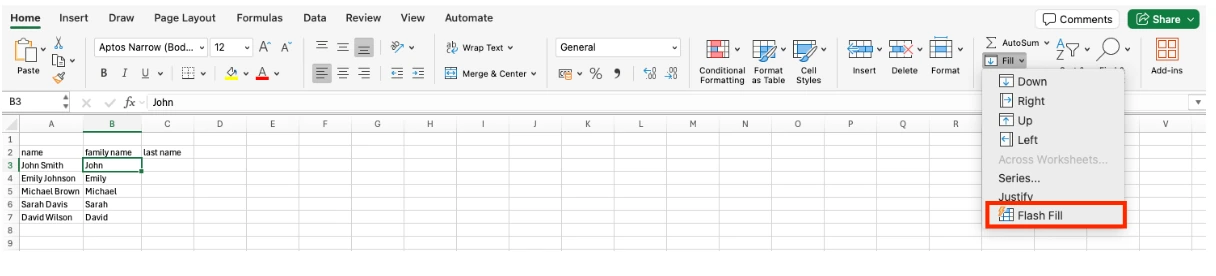 Excel Flash Fill automatically completing a pattern