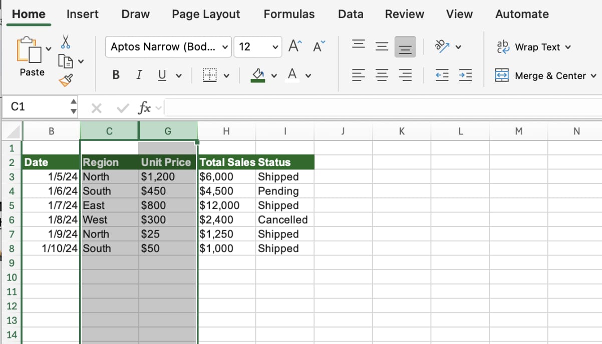 선택한 열 숨기기 해제하기
