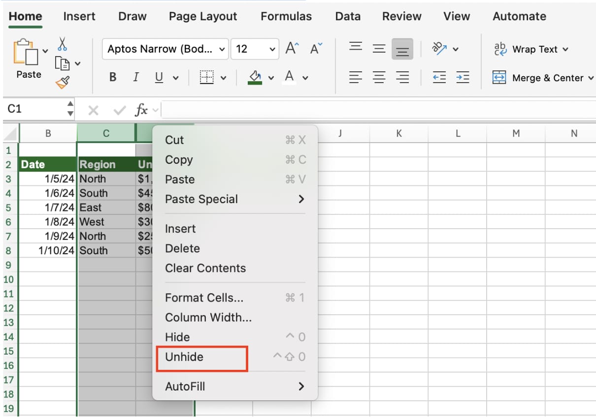 숨겨진 열 앞뒤 선택하기
