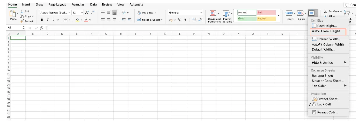 엑셀 서식 메뉴에서 행 높이 자동 맞춤 옵션을 보여주는 화면
